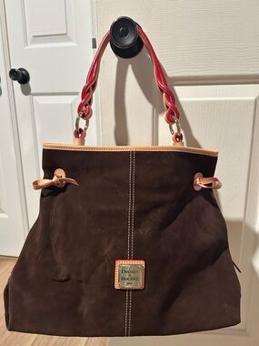 Dooney & Bourke Chocolate Suede Shoulder Bag with Red and Tab Braided Strap